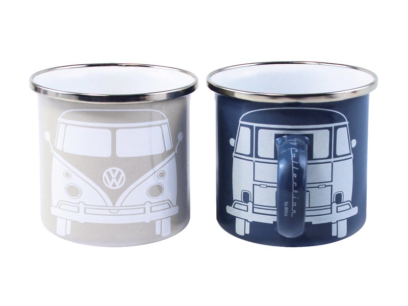 BRISA VW Collection - Volkswagen 2-piece Enamel Coffee-Tea Mug Cup Set for Camping & Outdoor T1 Bus (Blue/Gray) - Image 1
